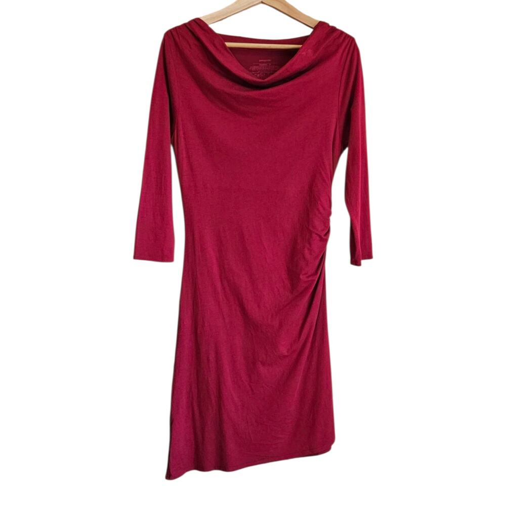 Patagonia Seabreaks Dress Cowl Neck Ruched Side 3/4 Sleeve Red Women's Medium
